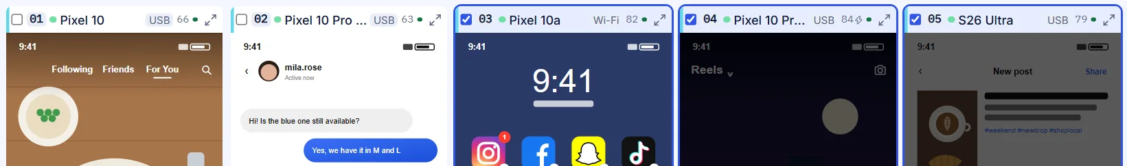 The tops of five phone cards in light mode.
