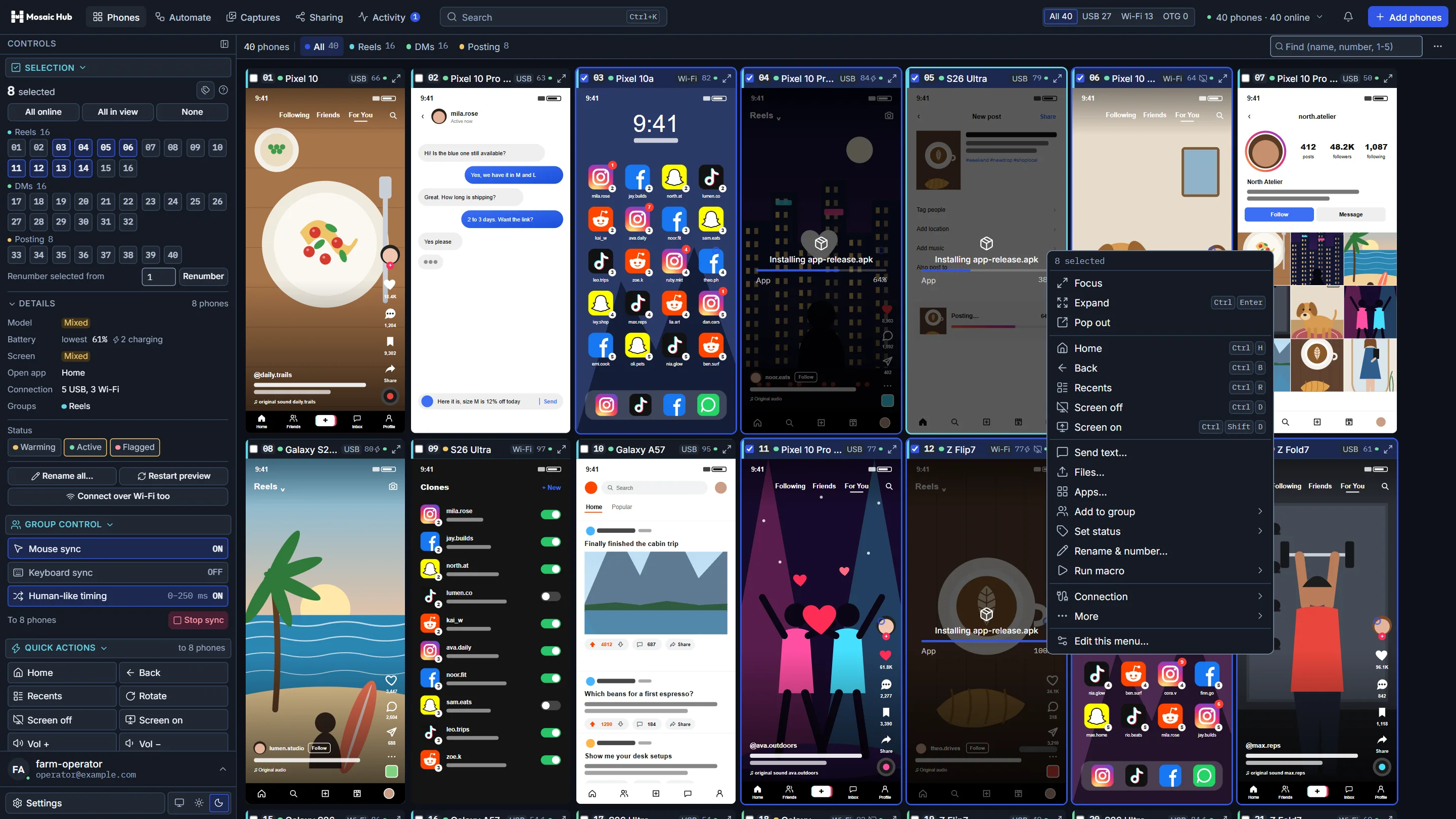 Mosaic Hub with eight phones picked and the right-click menu open for all of them.